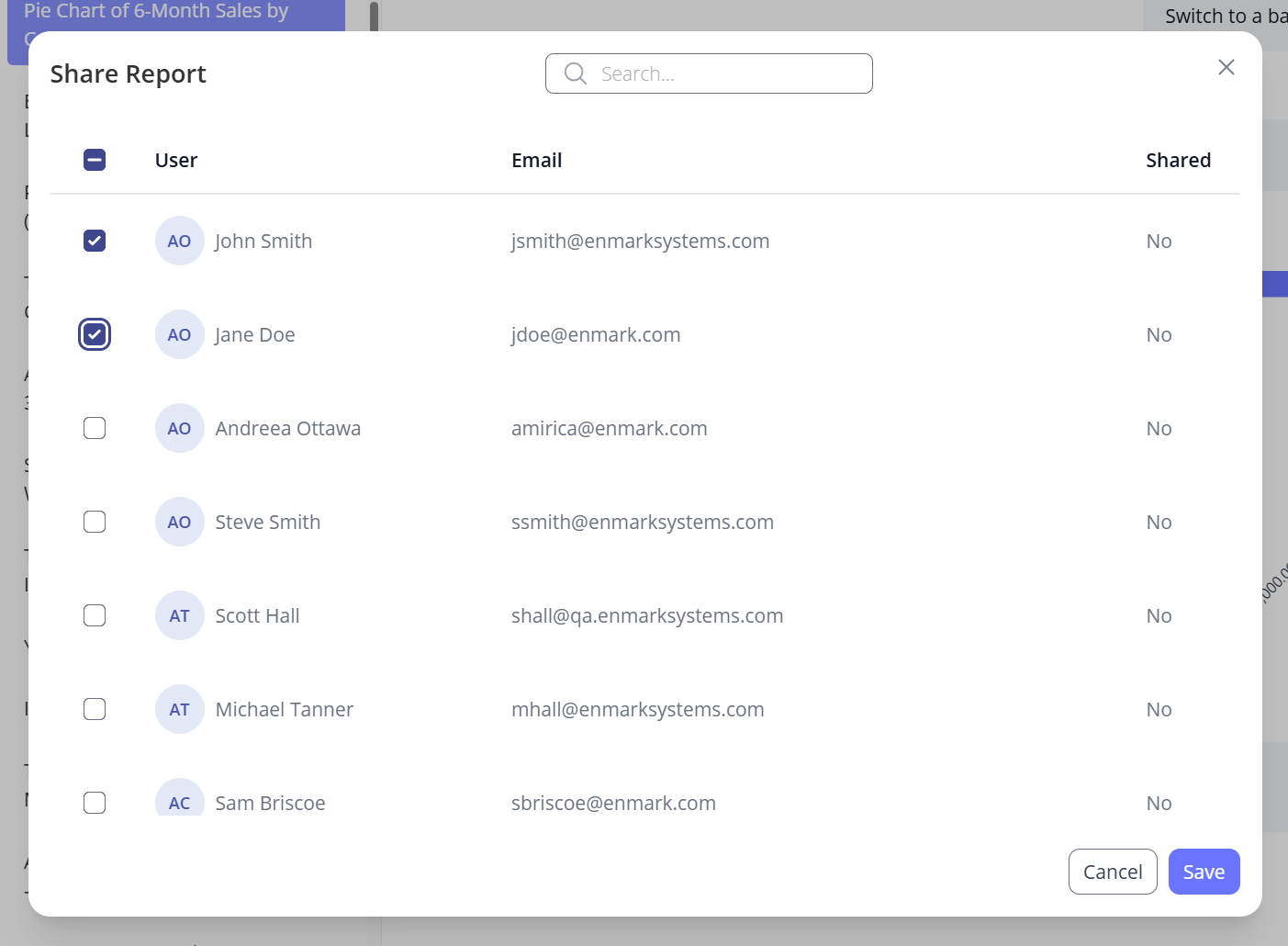 Share dialog showing user selection for sharing an AI report