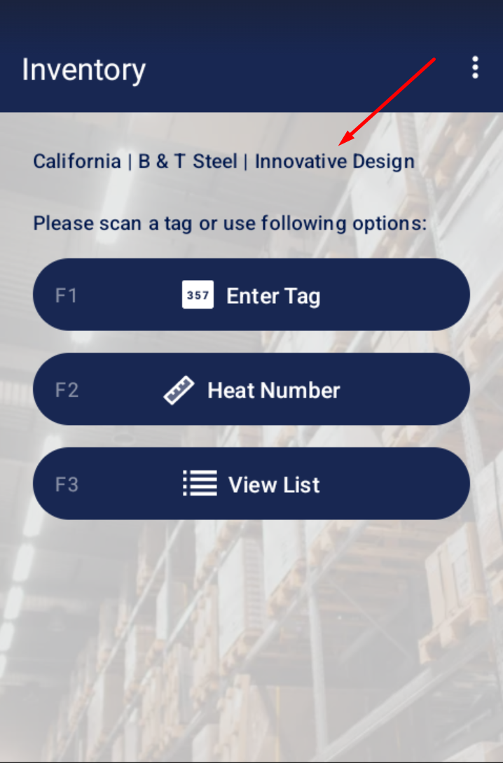 Inventory Dashboard showing the area where scanning a location barcode places the user for inventory counting
