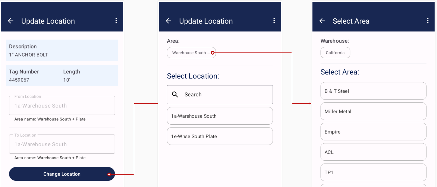 Update Location flow: Update Location screen, Select Location screen, and Select Area screen