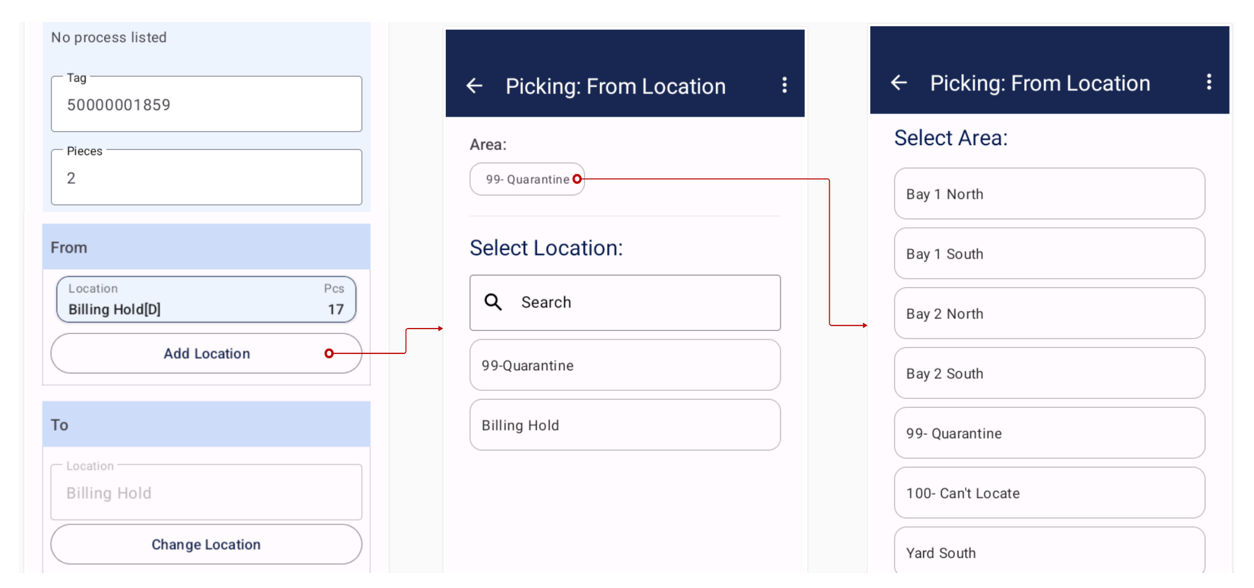 From Location flow: Tag Picking screen with Add Location button, Select Location screen, and Select Area screen