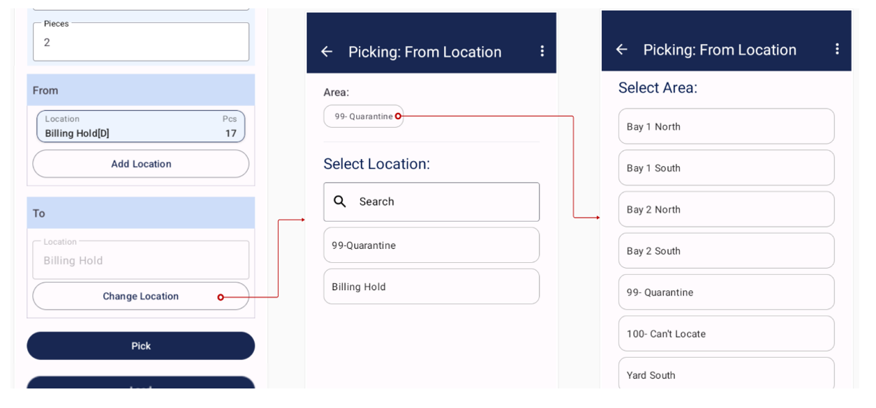 To Location flow: Tag Picking screen with Change Location button, Select Location screen, and Select Area screen