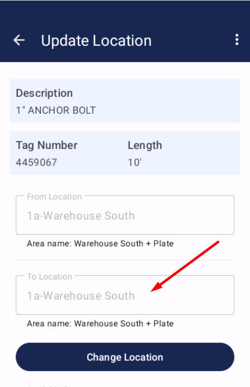 Update Location screen with arrow indicating the To Location field populated by scanning