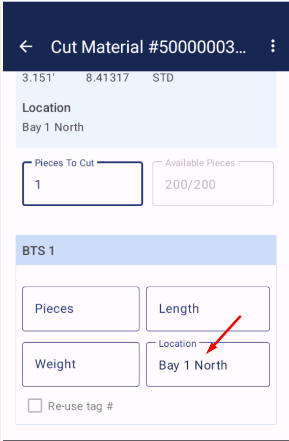 Cutting screen with a single BTS section showing the Location field highlighted