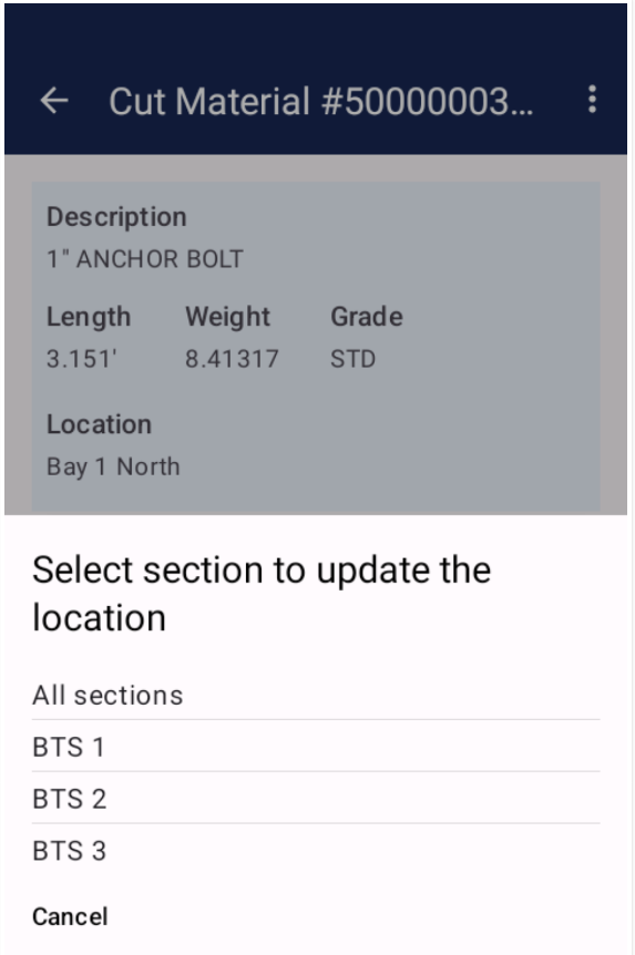 Select section to update the location dialog with All sections, BTS 1, BTS 2, and BTS 3 options