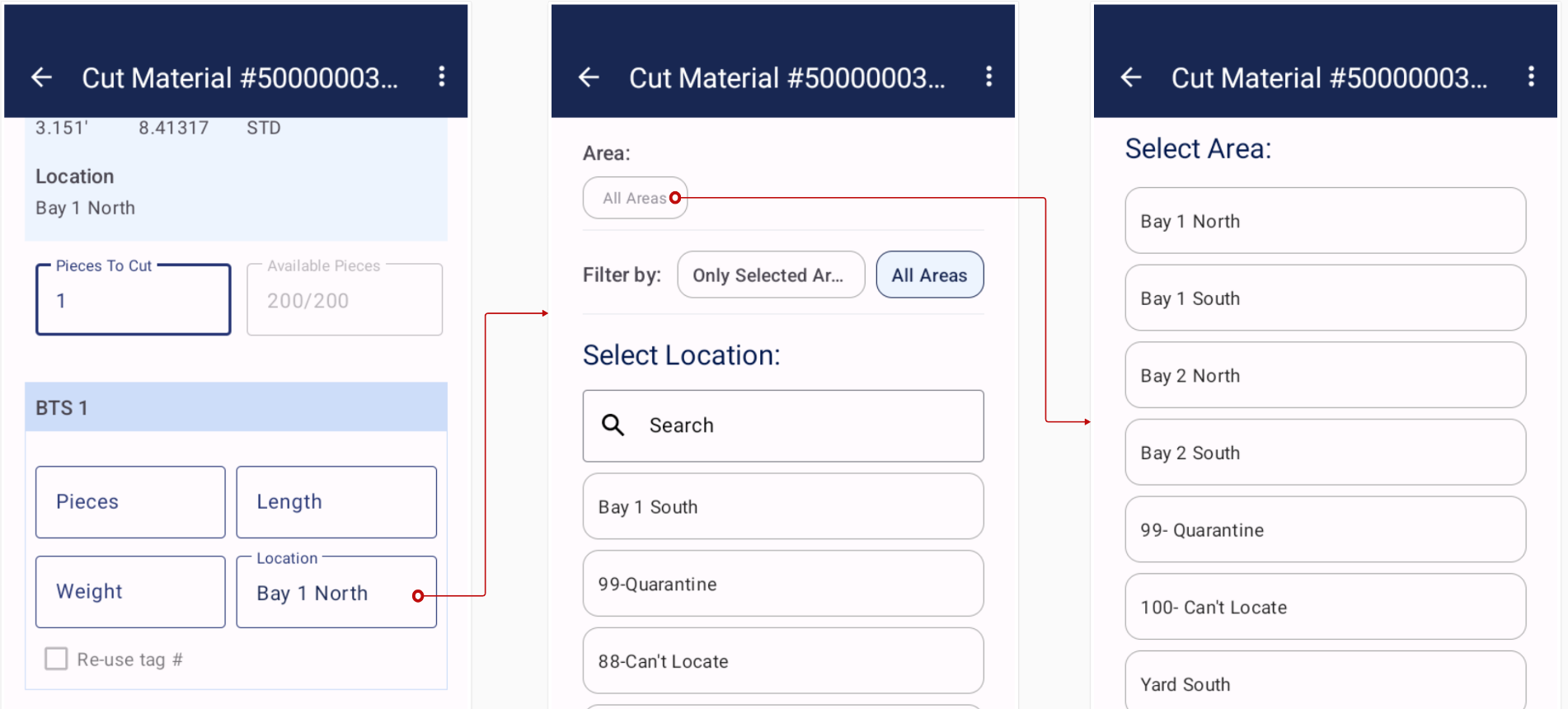 Cutting flow: Cutting screen, Select Location screen, and Select Area screen