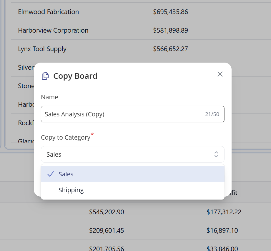 Copy Board icon copies a tab to another Dashboard in context
