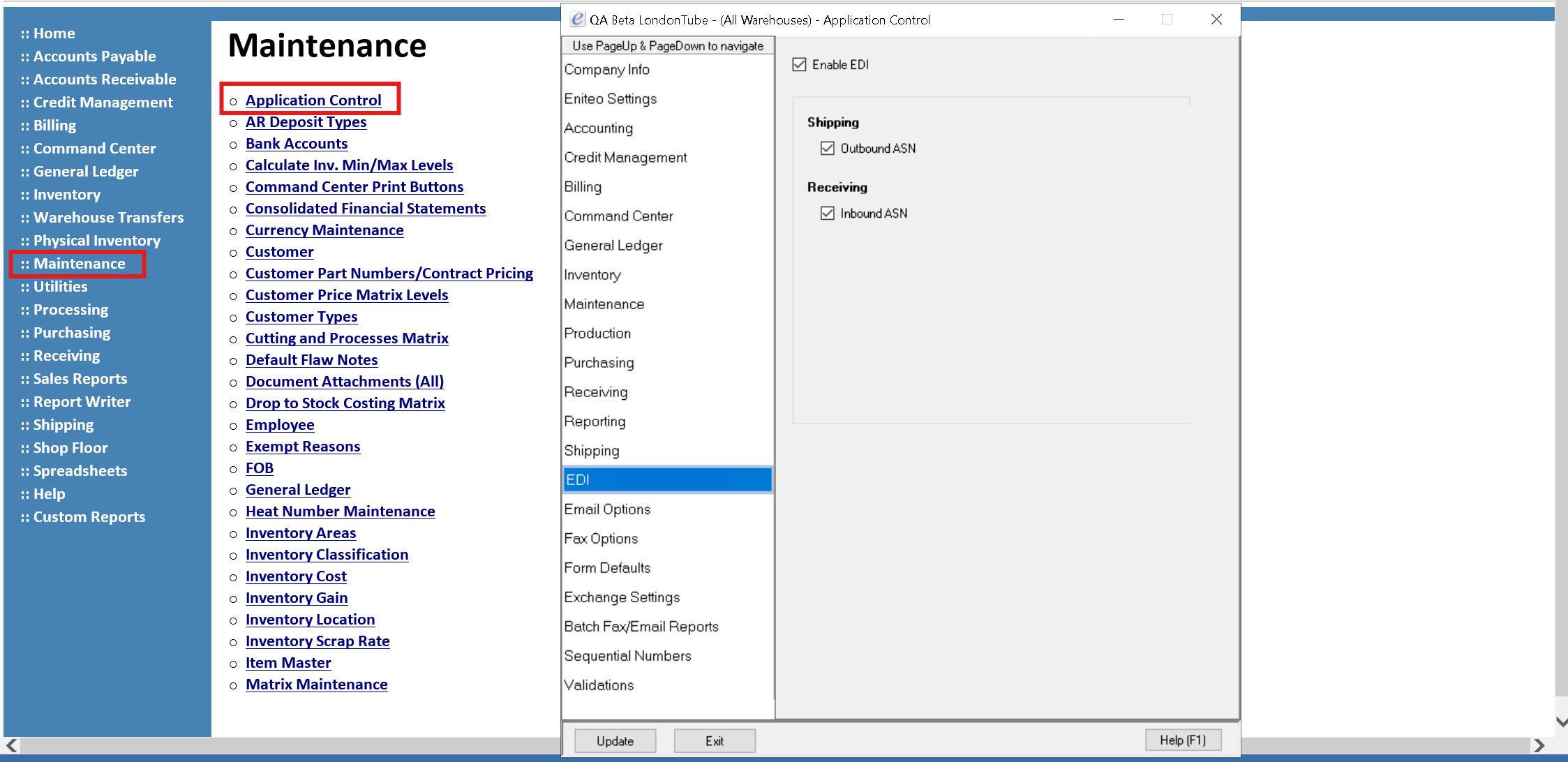 Application Control EDI section showing the Enable EDI master toggle and the Inbound ASN and Outbound ASN checkboxes