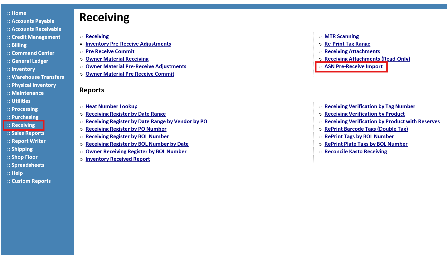 Receiving menu in Eniteo with the ASN Pre-Receive Import menu item highlighted