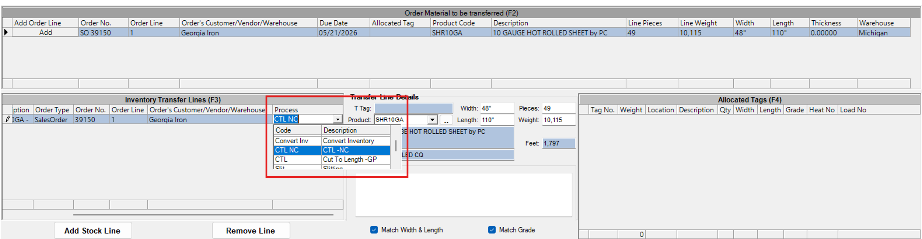 Warehouse Transfer Entry showing the Process dropdown on a transfer line
