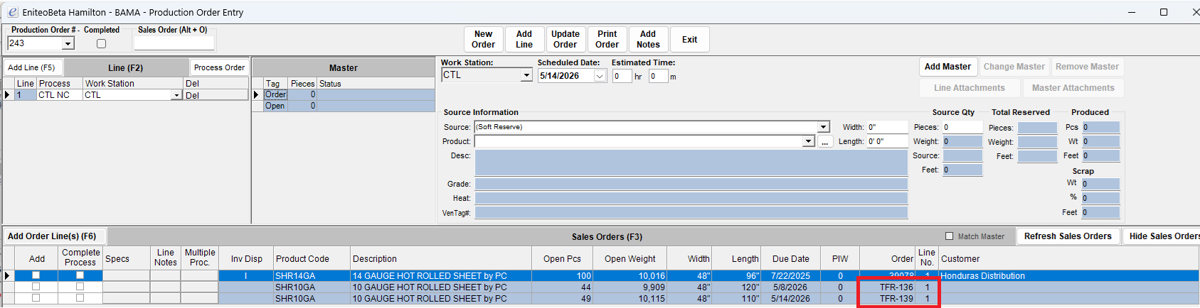 Production Order Entry Sales Orders grid showing transfer lines TFR-136 and TFR-139 ready to add to a production order