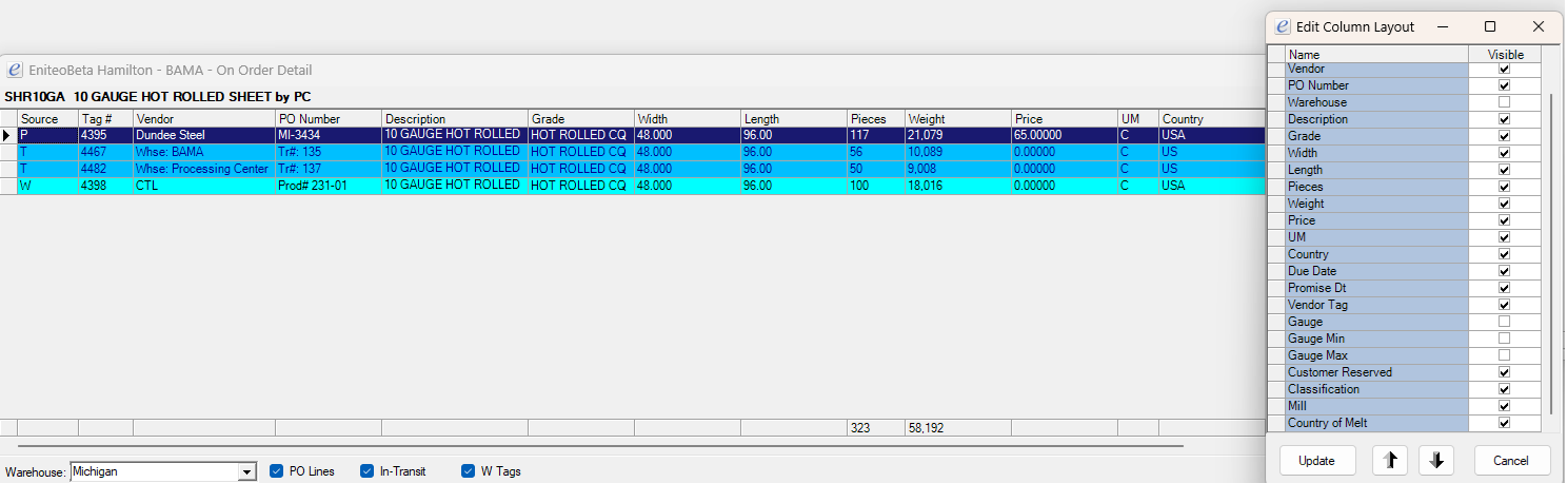On Order Detail window with new purchasing-context columns and AC tag colors highlighted