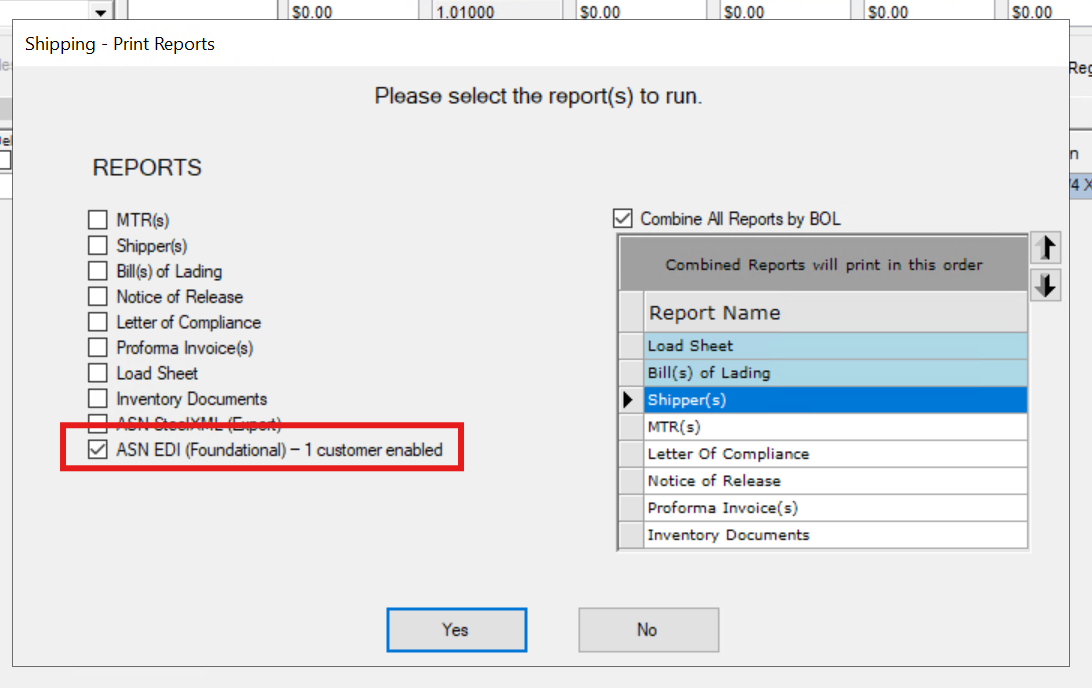 Shipping Print Reports dialog with the new ASN EDI (Foundational) checkbox highlighted