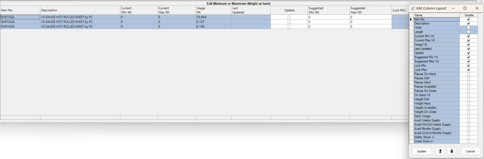 Min/Max grid with the Edit Column Layout dialog showing all configurable inventory, usage, supply, and reorder-point columns