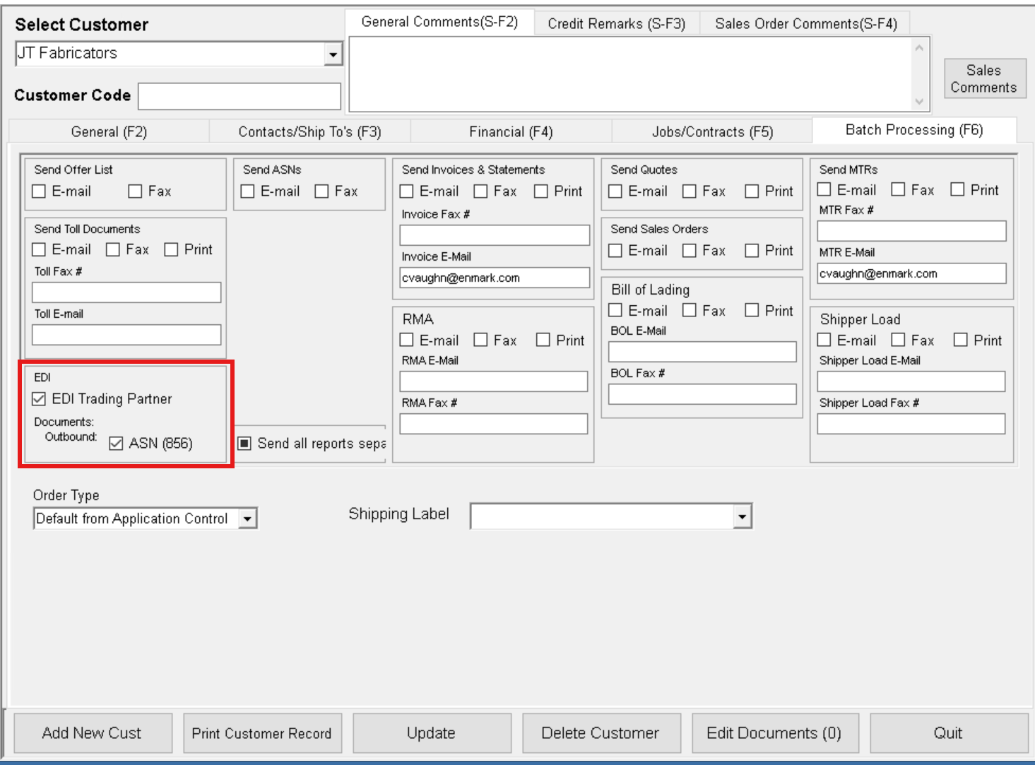 Customer Batch Processing F6 tab showing the EDI Trading Partner section with Outbound: ASN (856) enabled