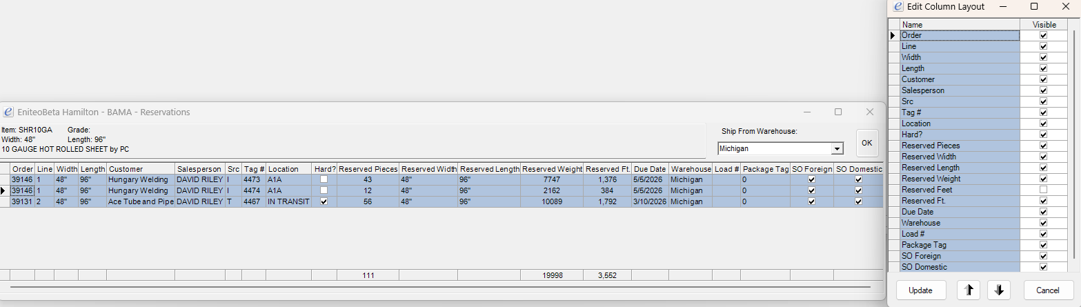 Reservations detail window with expanded column layout options