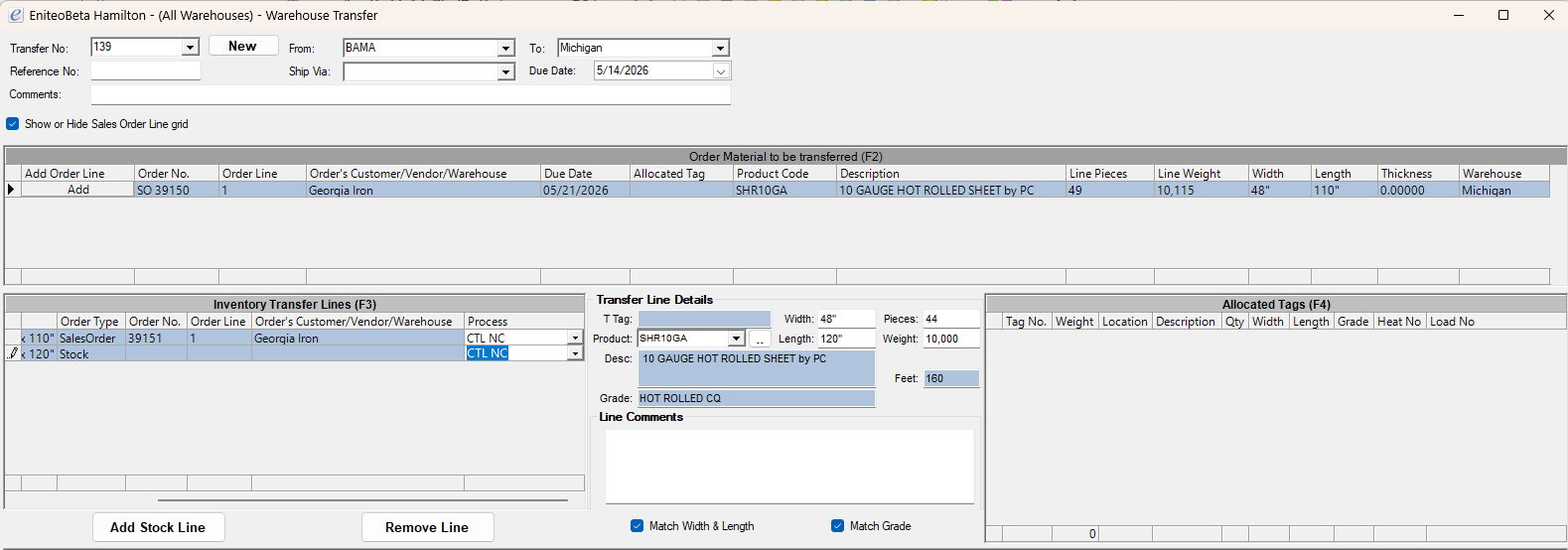 Warehouse Transfer Entry showing a Stock-type transfer line with a Process attached, alongside a sales-order-driven line
