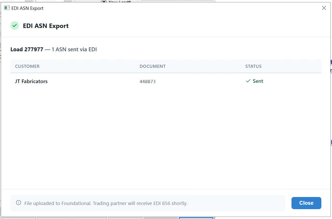 EDI ASN Export confirmation modal showing successful transmission to Foundational with per-customer status