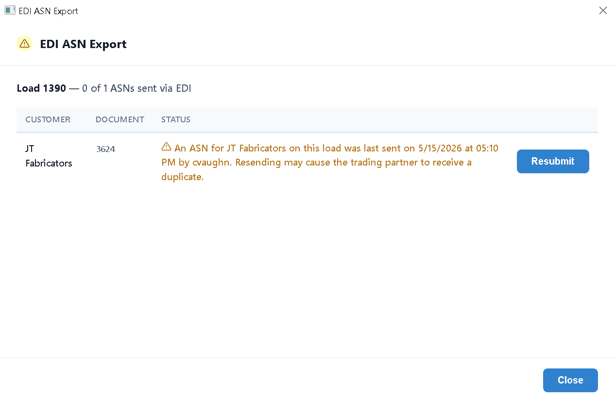 EDI ASN Export modal with a duplicate-send warning, showing prior send details and a Resubmit button