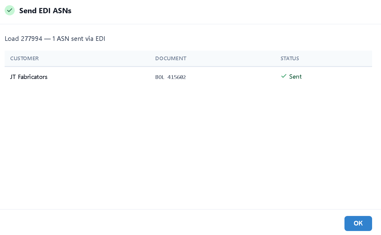 Send EDI ASNs modal after sending, showing the ASN for JT Fabricators (BOL 415602) with a green Sent status and an OK button