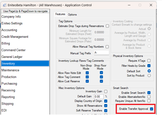 Application Control window with the Enable Transfer Approval checkbox highlighted in the Misc Inventory Options group on the Inventory tab