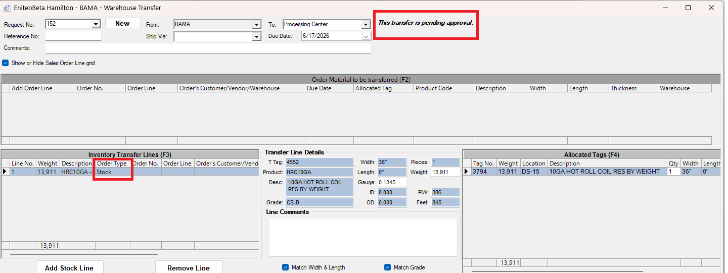 Warehouse Transfer screen showing Request No 152 from BAMA to Processing Center with a banner reading This transfer is pending approval and a Stock line in the Inventory Transfer Lines grid