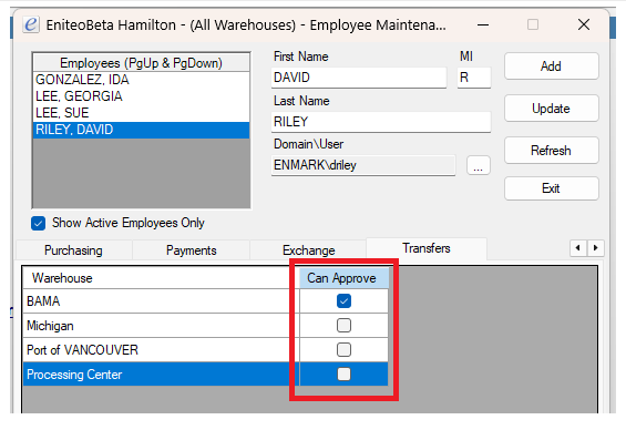 Employee Maintenance Transfers tab for an employee, with a grid of warehouses (BAMA, Michigan, Port of VANCOUVER, Processing Center) each showing a Can Approve checkbox — BAMA is checked