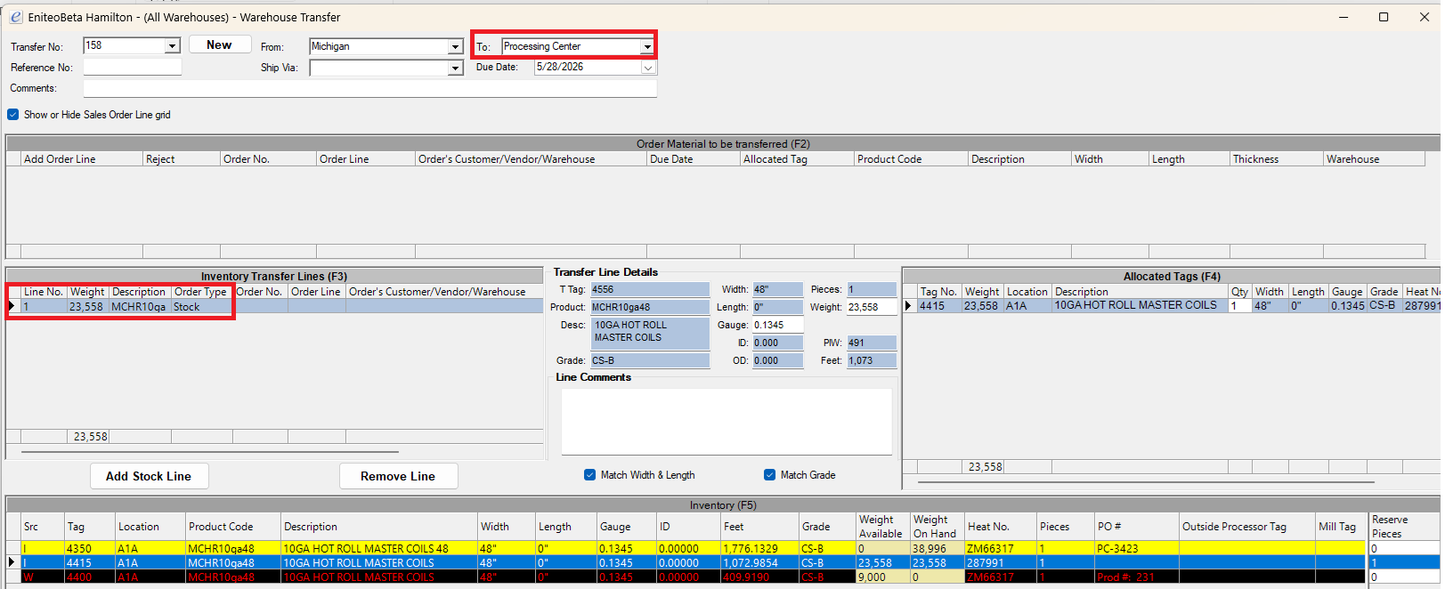 Warehouse Transfer screen after approving TR 156: the To Warehouse is now Processing Center, the approved line has loaded into the F3 Inventory Transfer Lines grid, and inventory tags are available in the F5 grid for any final adjustments before shipping