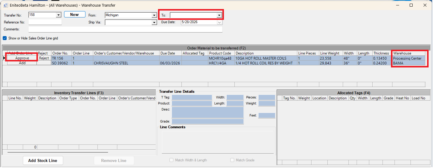 Warehouse Transfer screen in approver mode with From set to Michigan and To blank: the F2 grid shows pending Transfer Request TR 156 destined for Processing Center alongside an available sales order, each row with Approve and Reject actions in the leftmost columns