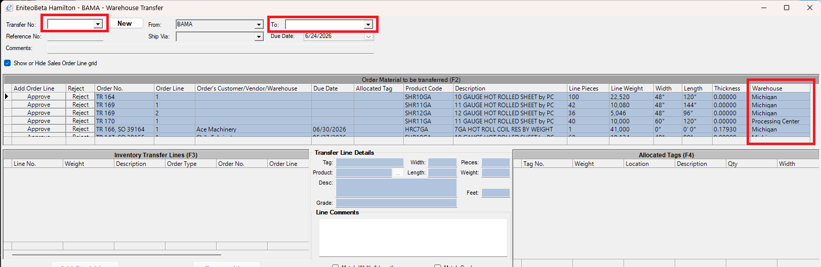 Warehouse Transfers F2 grid listing the requestor's submitted transfer requests awaiting approval