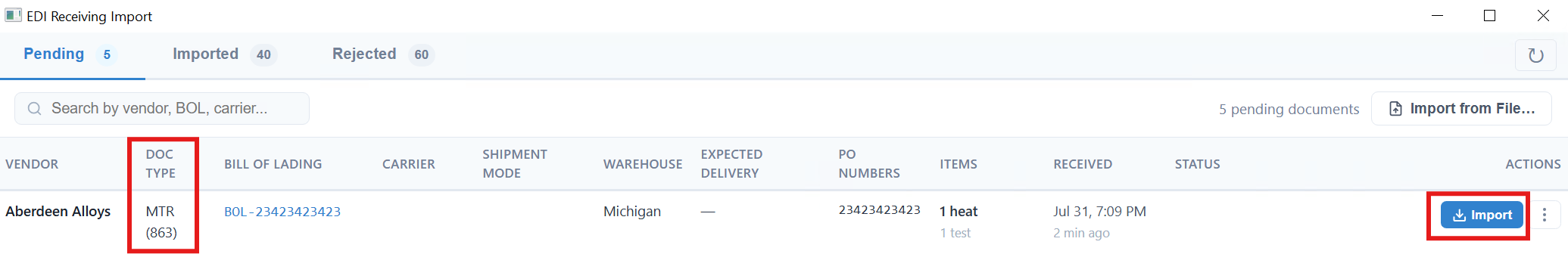Inbound EDI queue on the Pending tab with an MTR (863) row from vendor Essex Alloys showing its Bill of Lading, PO number, heat and test counts, and an Import action