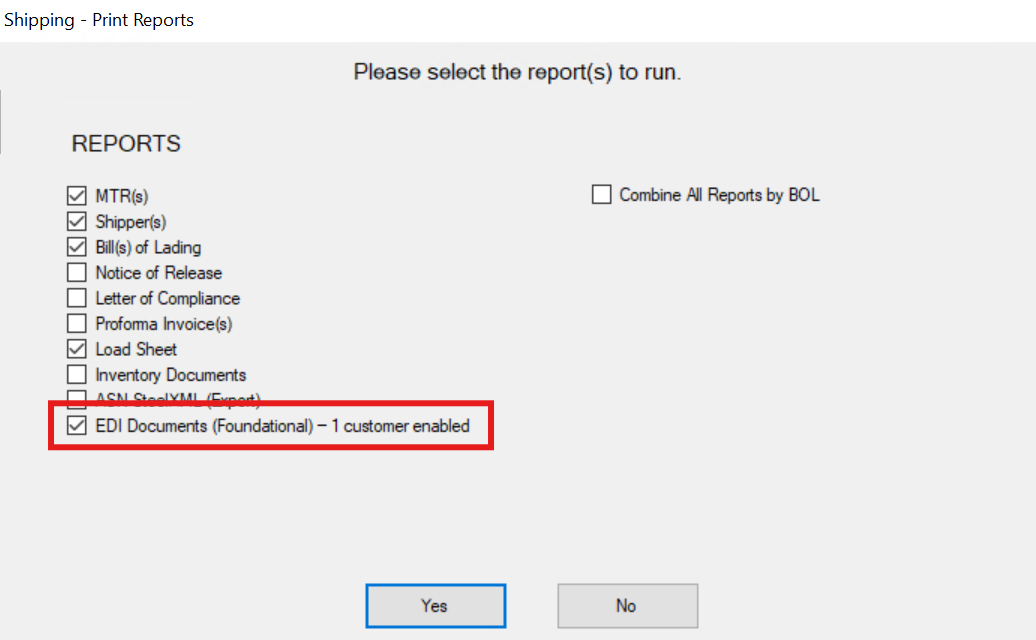Shipping Print Reports dialog with the EDI Documents (Foundational) option checked and showing one customer enabled