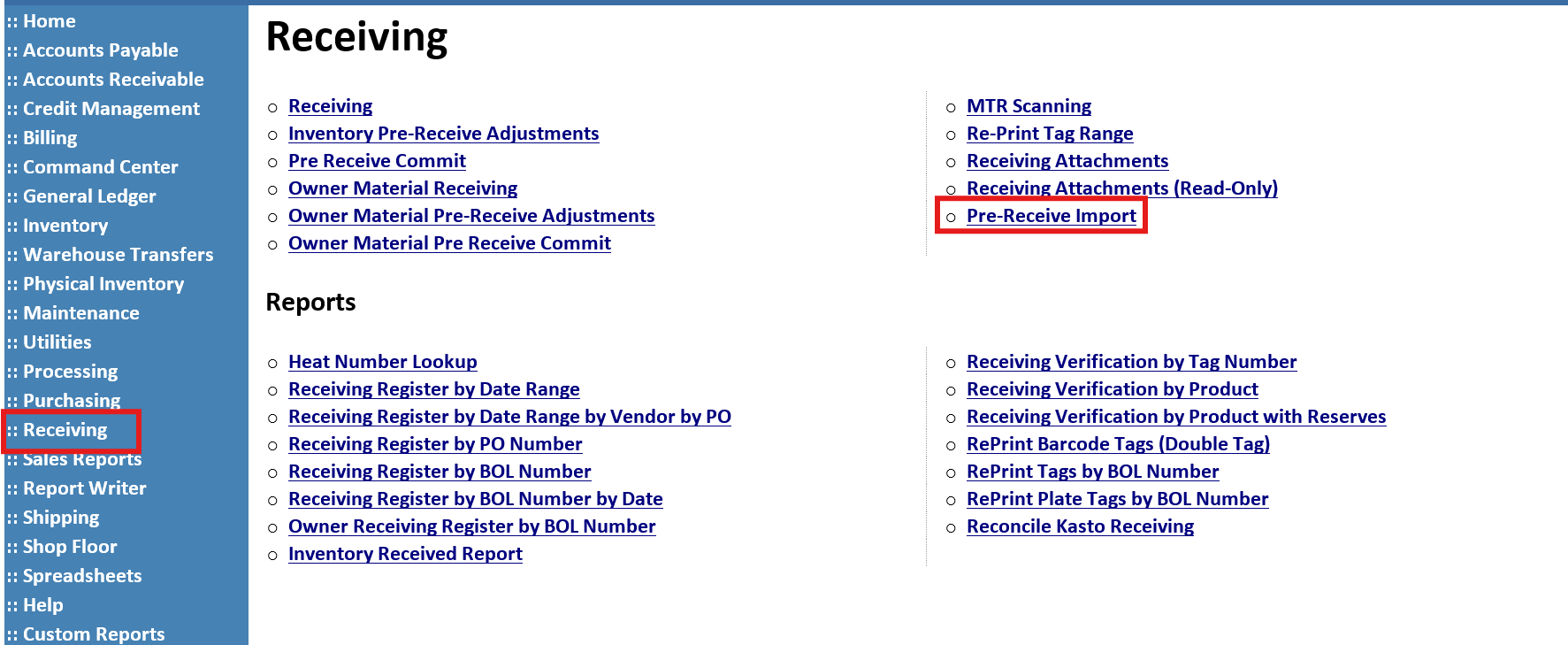 Receiving menu with the Pre-Receive Import item highlighted