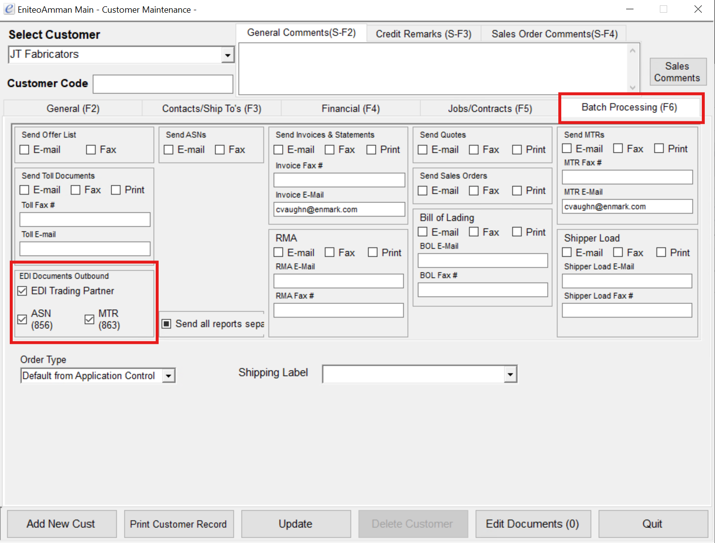 Customer Maintenance Batch Processing tab with the EDI Documents Outbound box highlighted, showing EDI Trading Partner checked alongside ASN (856) and MTR (863) checkboxes