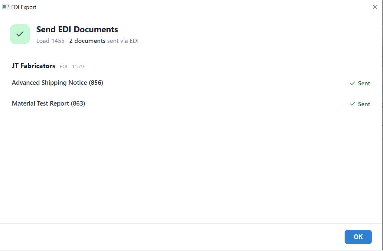 EDI Export window showing both documents sent via EDI for the load