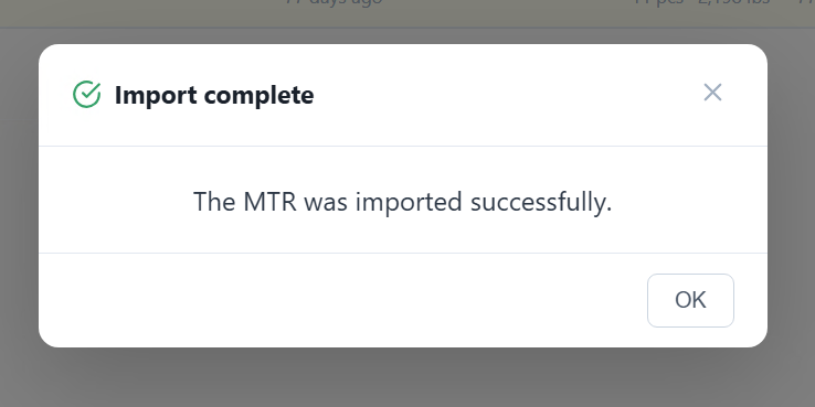 Import complete dialog confirming the MTR was imported successfully