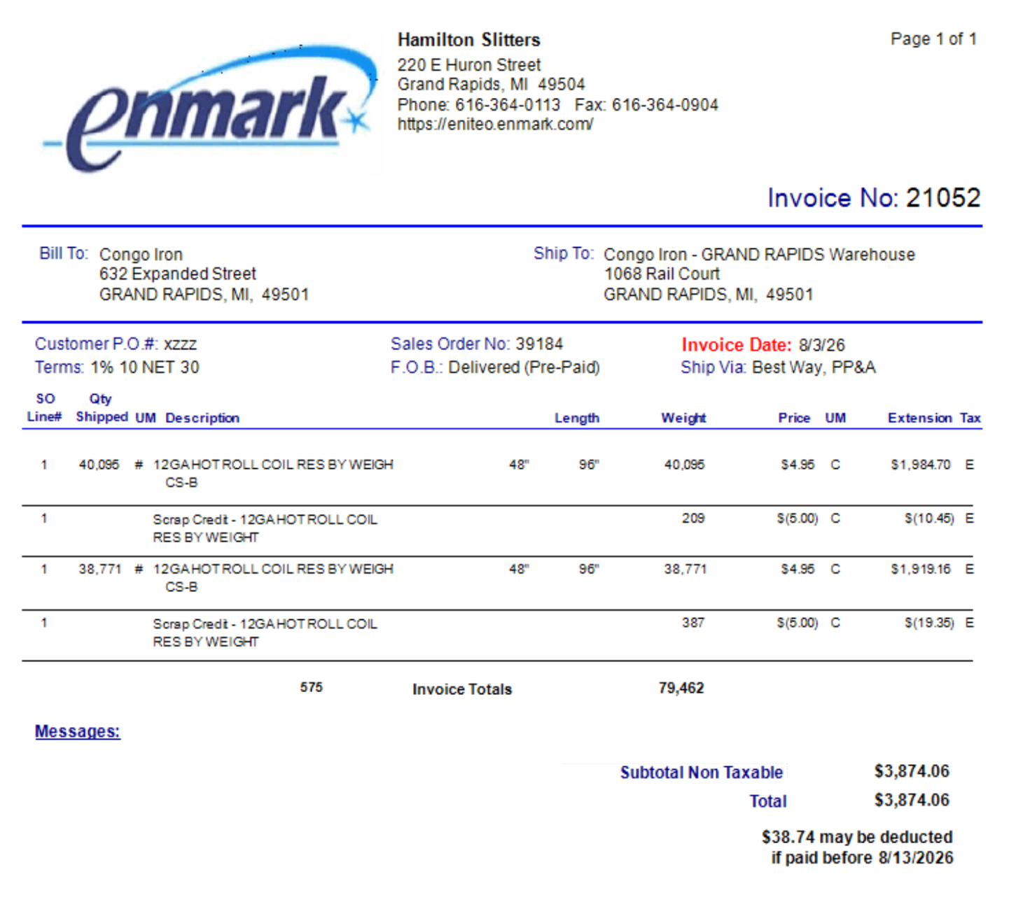 Toll Processing invoice showing sales order line 1 with two material lines, one per master, each followed by its own scrap credit line