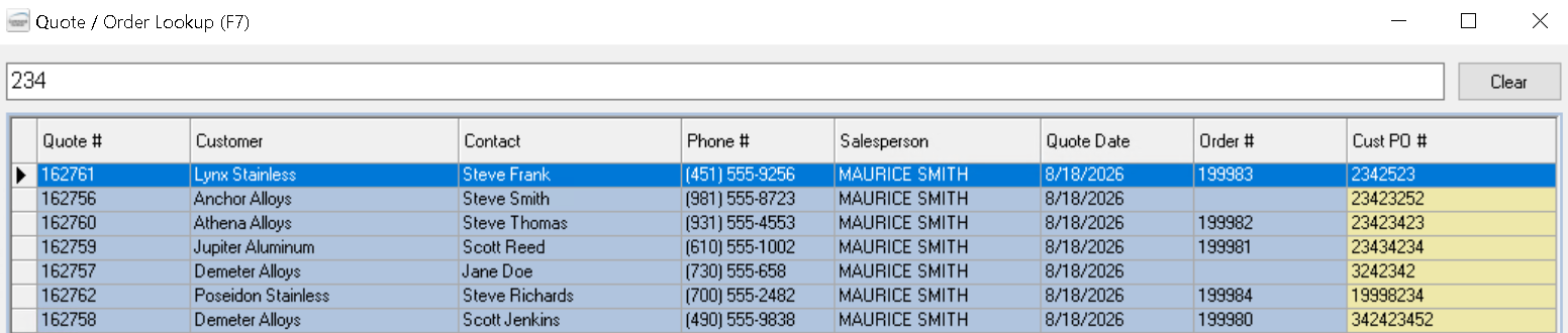 Quote / Order Lookup window with 234 typed in the search box, showing seven matching rows with Quote #, Customer, Contact, Phone #, Salesperson, Quote Date, Order #, and Cust PO # columns, and the matching Cust PO # values highlighted