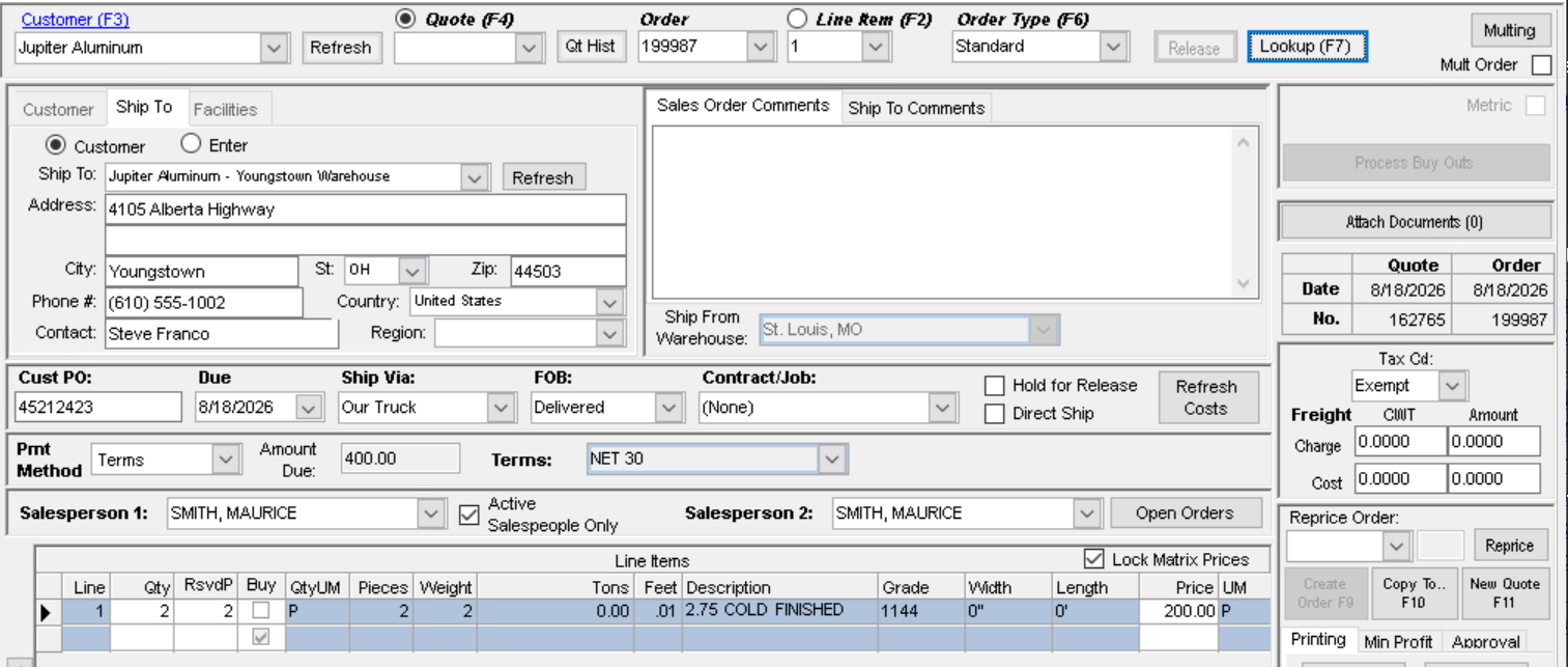 Command Center with order 199987 for Jupiter Aluminum loaded after being selected in the Quote / Order Lookup window, showing the ship-to address, contact, customer PO, terms, and line items