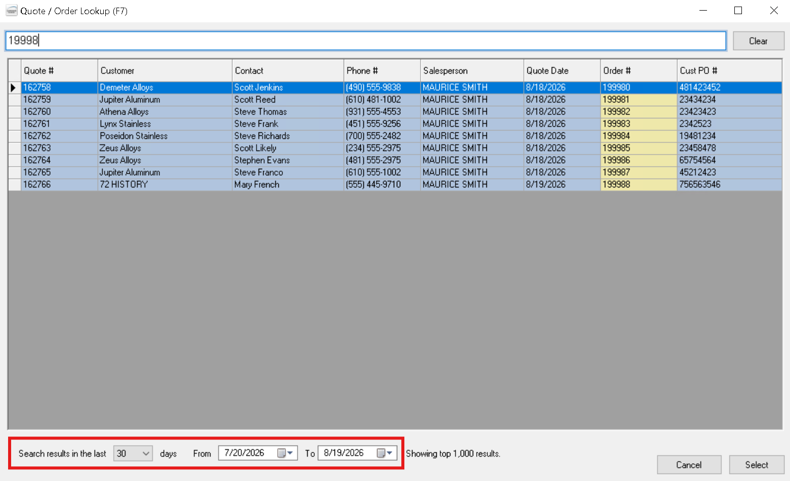Quote / Order Lookup window with the date row at the bottom highlighted, showing the Search results in the last 30 days selector alongside From and To calendar pickers, with a Showing top 1,000 results notice to their right