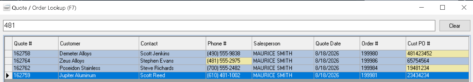 Quote / Order Lookup window with 481 typed in the search box, showing matches highlighted in the Cust PO # column on some rows and in the Phone # column on another