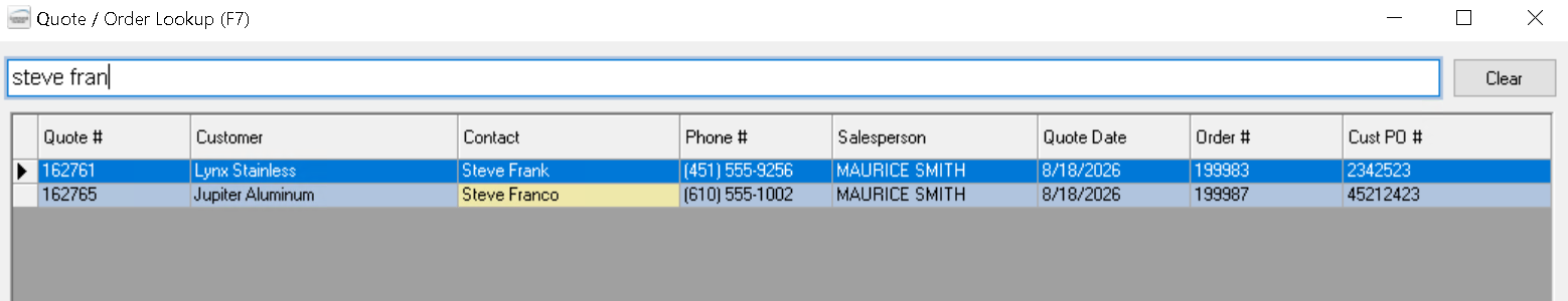 Quote / Order Lookup window with steve fran typed in the search box, narrowed to two rows for contacts Steve Frank and Steve Franco