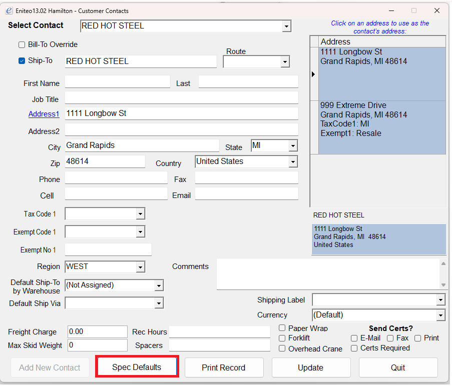 Customer Contacts screen for a ship-to contact, with the Spec Defaults button highlighted at the bottom of the window