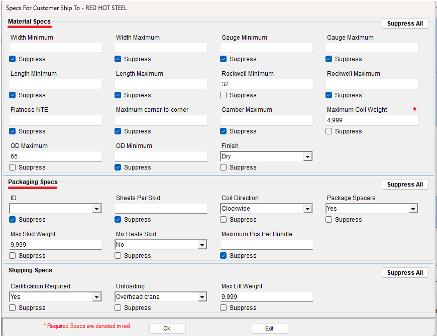 Specs For Customer Ship To screen showing Material Specs, Packaging Specs, and Shipping Specs groups, each specification with a value field and a Suppress checkbox, and Maximum Coil Weight marked as required in red