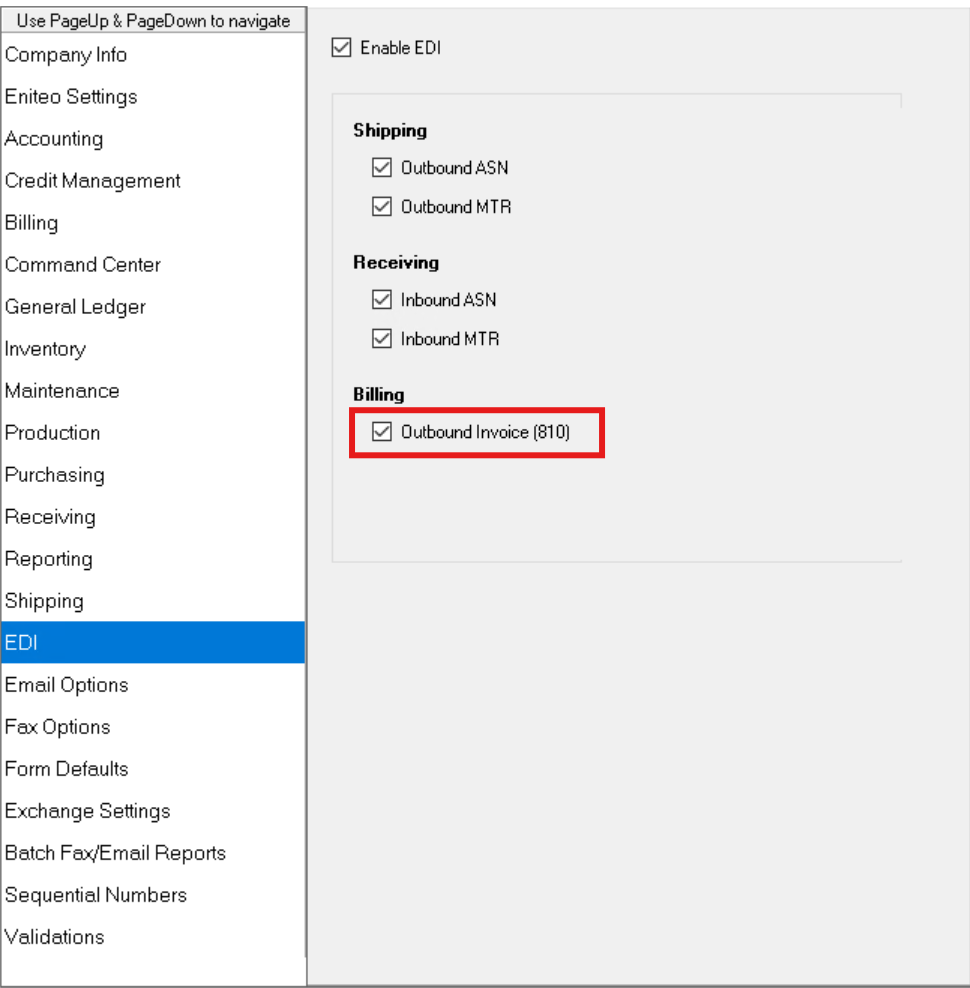 Application Control EDI panel with the Outbound Invoice (810) option under the Billing group