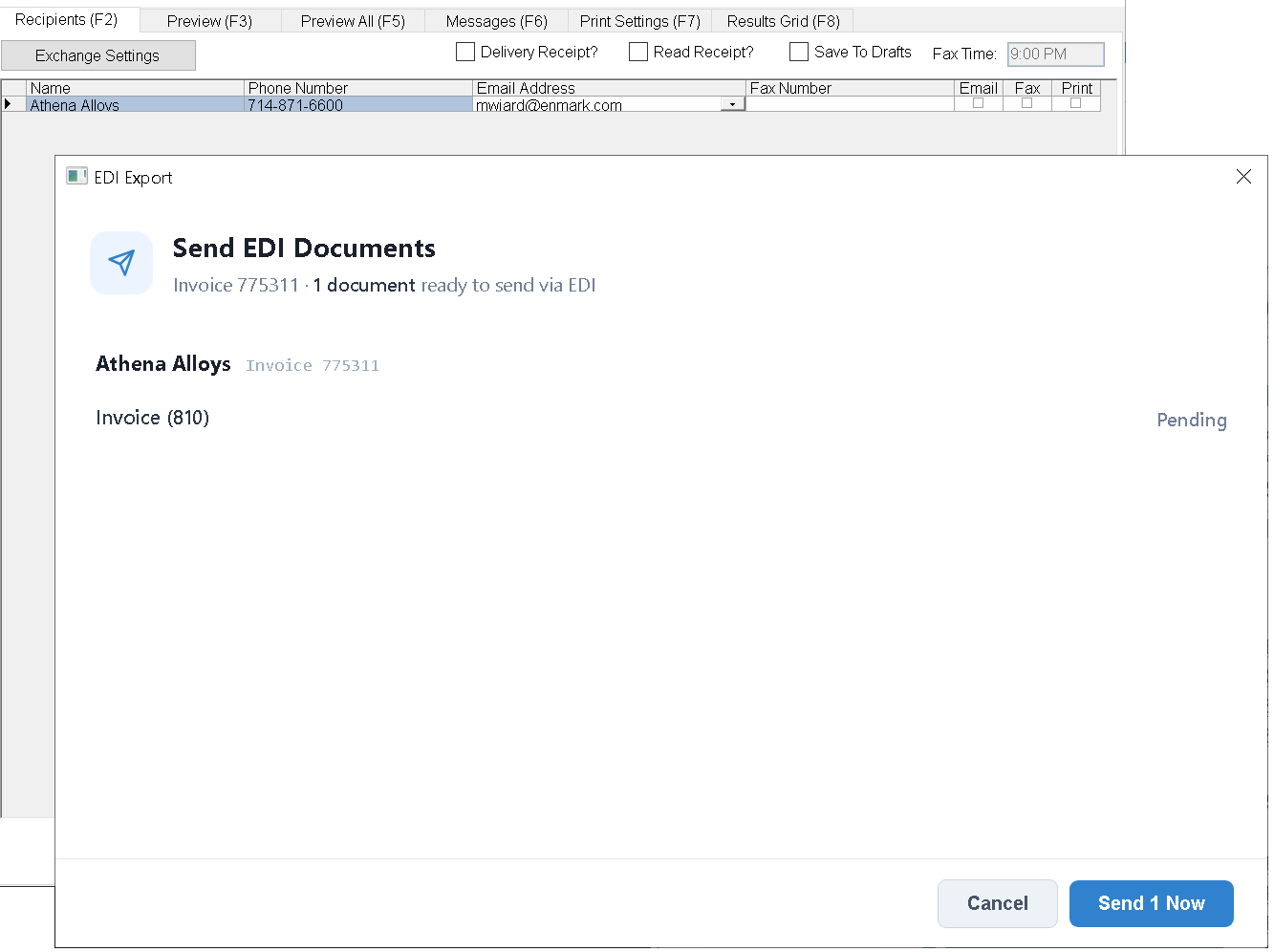 EDI Export window opened alongside the invoice print preview, listing the invoice ready to send