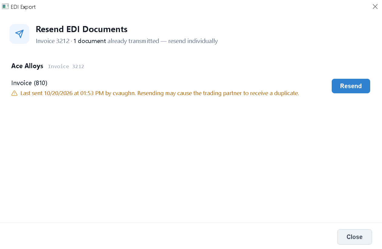 Resend EDI Documents window showing an invoice already transmitted, with its last-sent date, user, duplicate warning and Resend button